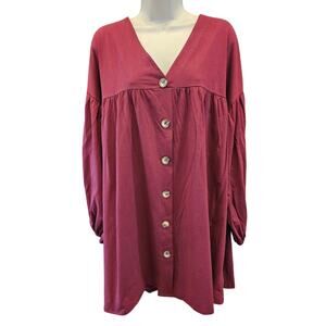 Asos 12P 12 PETITE Red Tunic Top Relaxed Fit Button Down Ruffle Accents casual